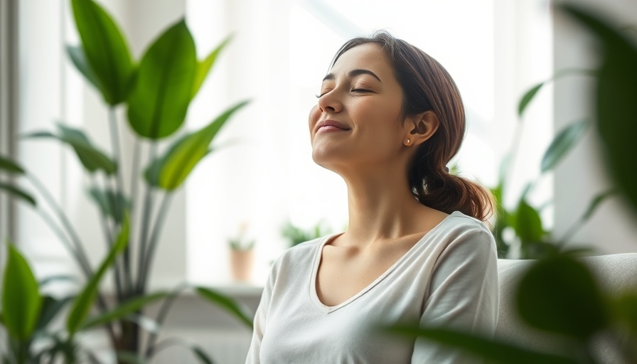 Relaxed woman indoors improving air quality, breathing deeply.