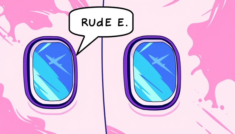 Illustration of airplane windows with speech bubbles, handling rude passengers.
