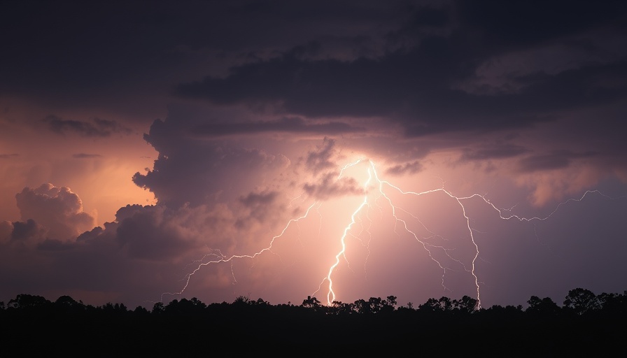 Intense thunderstorm lightning above trees for Weather Alerts Mobile App.