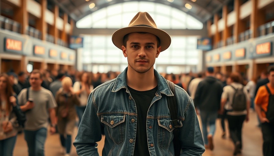 Young man at arena entrance in denim and unique hat, Jared McCain NBA Draft 2025.