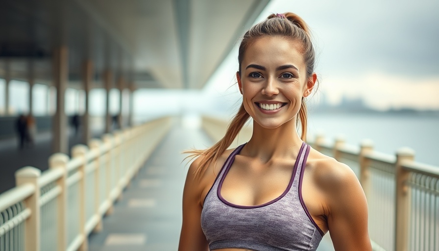 Athletic woman smiling confidently outdoors by a railing.