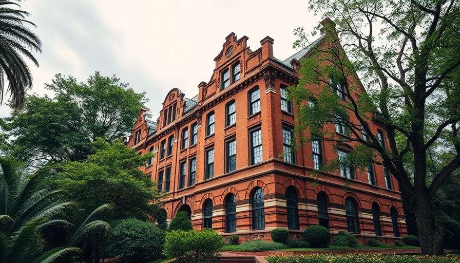 Historic building near trees under cloudy sky.