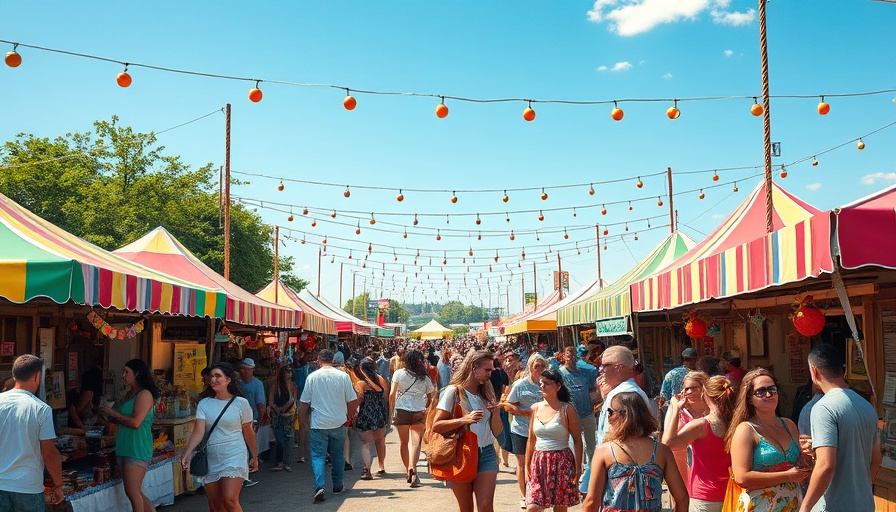 Music festival vendor markets in DFW with colorful stalls and vibrant atmosphere.