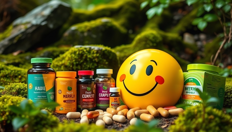 Cheerful supplements display in nature with smiling emoji, health and wellness supplements.