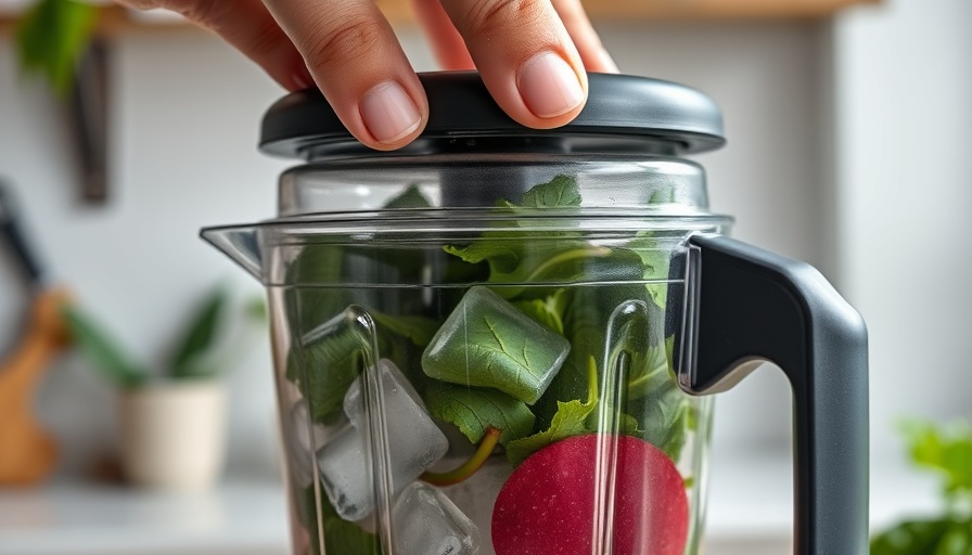 Blender with greens and ice, highlighting things not to put in blender.