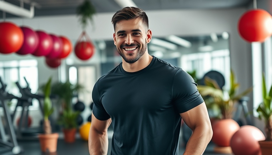 Confident man in gym promoting 'Sharpen Your Mind with Movement'.