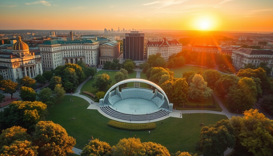 Scenic view of Houston park amphitheater at sunset.
