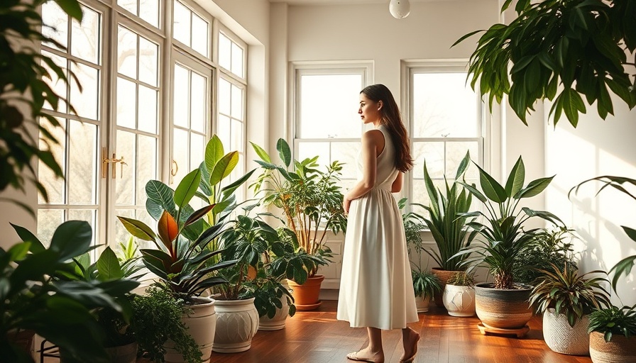 Woman tending to houseplants, impacting wellbeing, bright indoor garden.