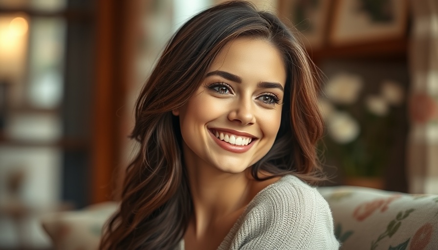 Smiling woman indoors with blurred floral background