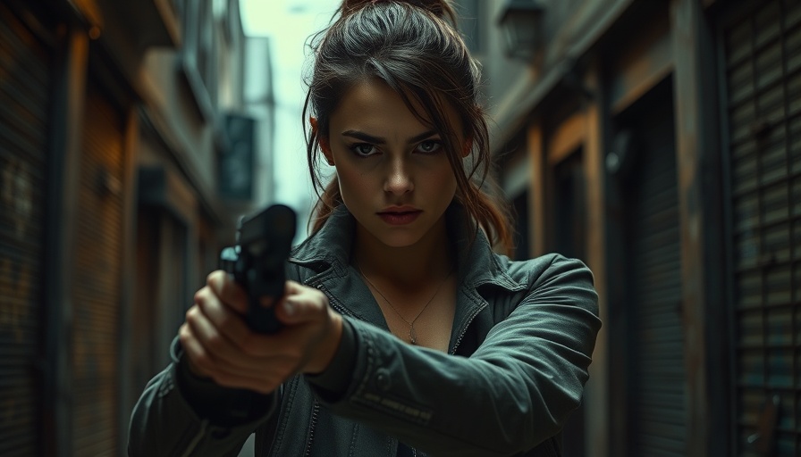 Tense armed woman in standoff, gripping weapon in urban setting.