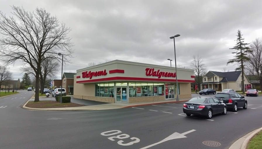 Walgreens store entrance with signage under overcast sky.