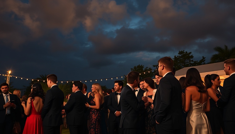 Stylish wedding guests under a cloudy evening sky.