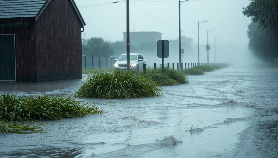Flooded West Virginia road in heavy rain, highlighting flood impact.