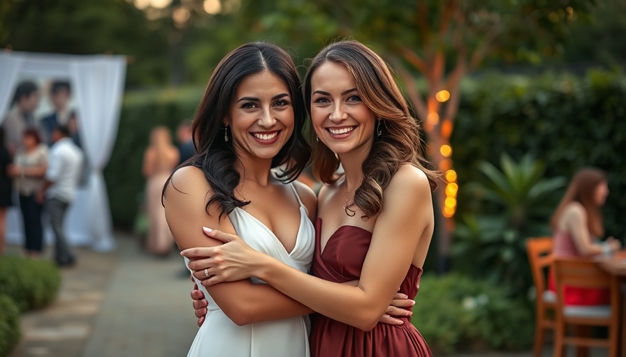 Two women smiling at an event with scenic background.