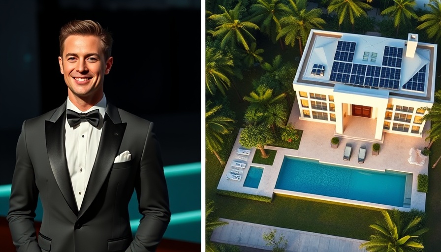 Elegant male smiling on stage next to a luxurious home view.