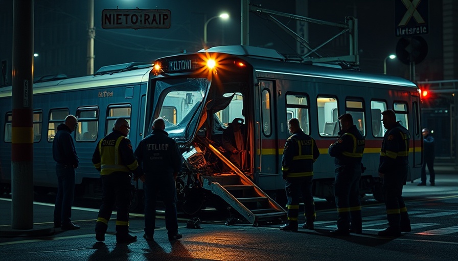 Nighttime train vehicle collision scene in Gary, Indiana with responders.