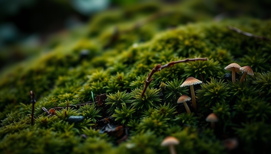 Serene forest mushrooms on moss, health and wellness fungi scenery.