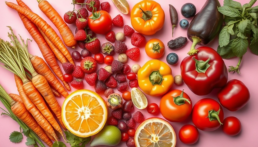 Variety of colorful fruits and veggies on pink background related to insoluble fiber ulcerative colitis.