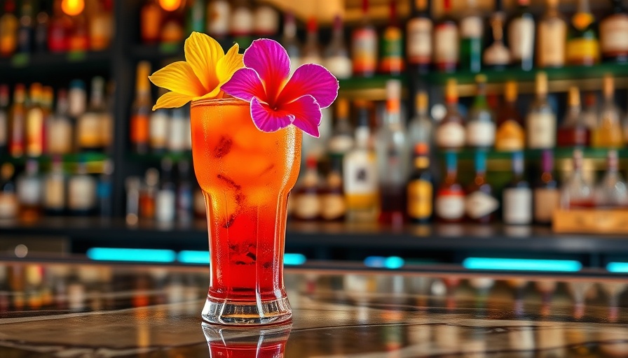 Vibrant Desert Bloom cocktail on bar counter.