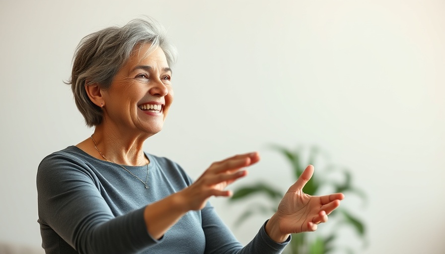 Middle-aged woman explaining exercise for osteoporosis safety indoors.