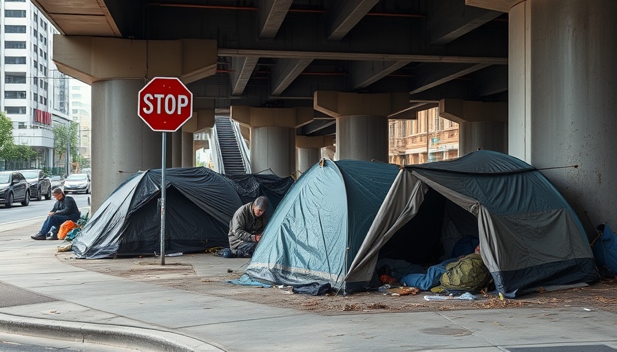Urban scene with makeshift tents under overpass in San Antonio.