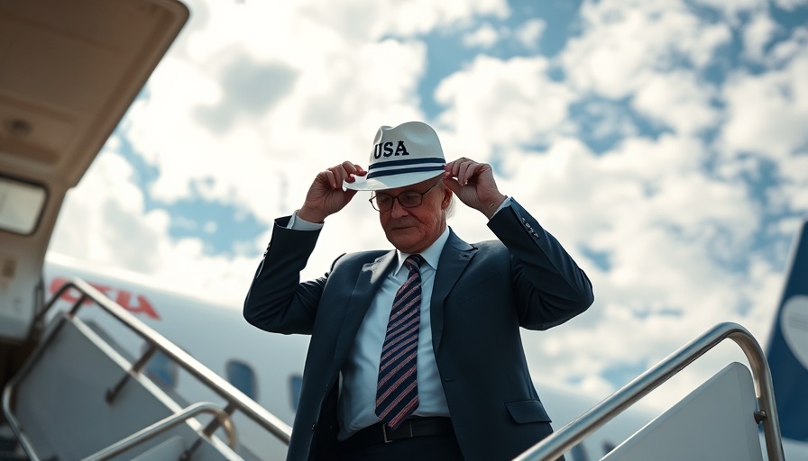 Senior man adjusts USA hat on aircraft stairs, Supreme Court ruling expands presidential power.