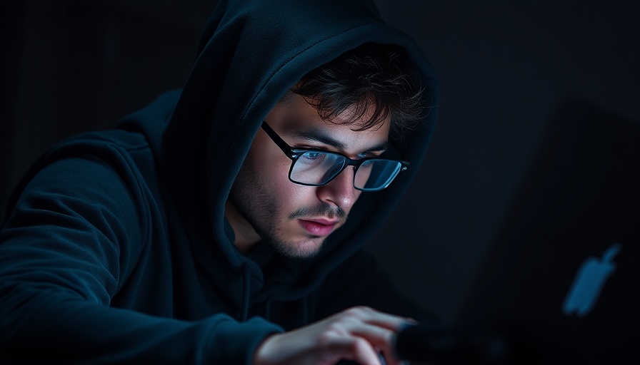 Focused hacker with glasses in a hoodie using a laptop, PayPal scam theme