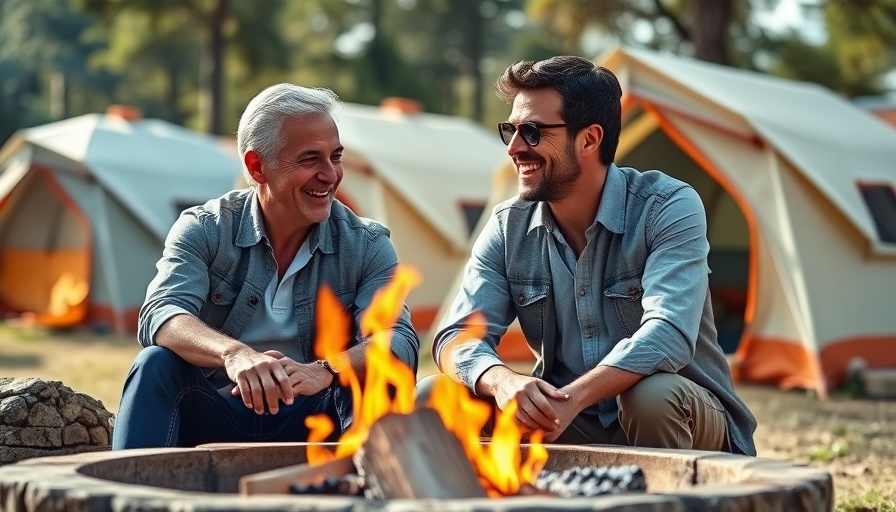 Outdoor scene with couple relaxing by fire pit at campsite.