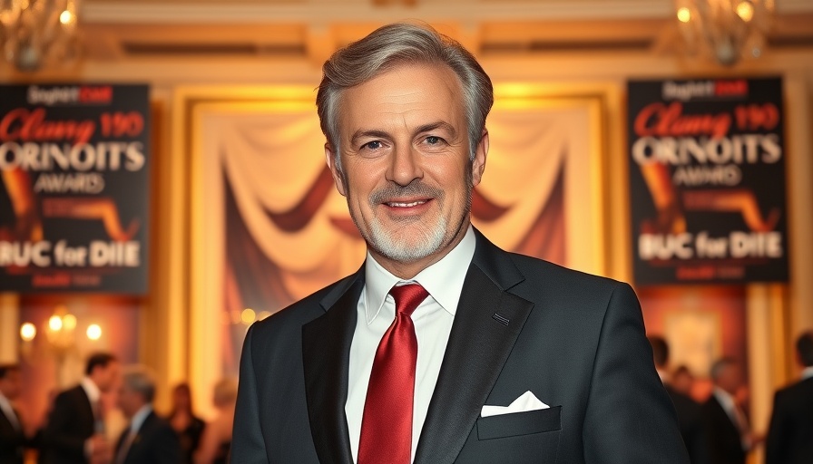Middle-aged man at San Antonio cultural event with promotional backdrop.