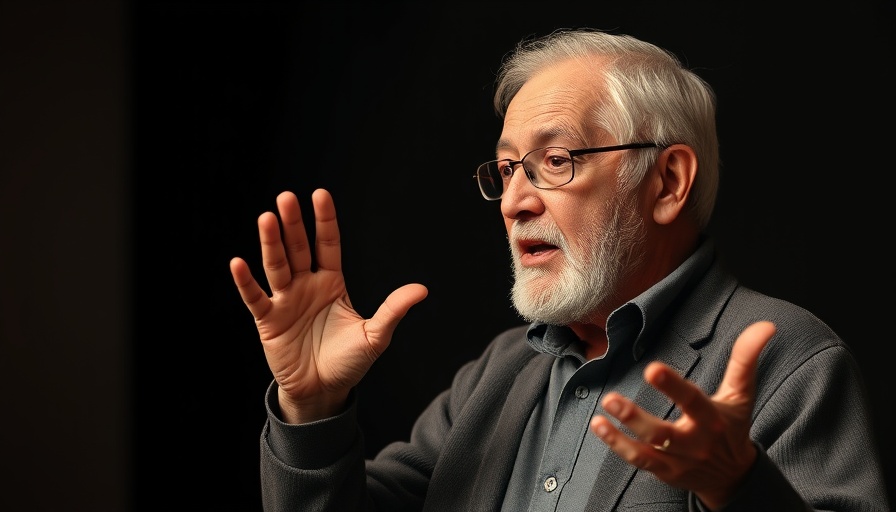 Man discussing passionately with expressive hand gestures in dim lighting.
