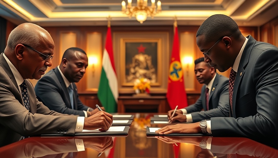 Delegates signing DRC-Rwanda Peace Agreement in elegant conference room.
