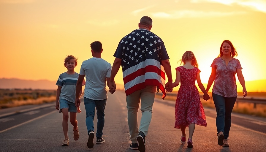 Family with American flag at sunset, celebrating patriotism.