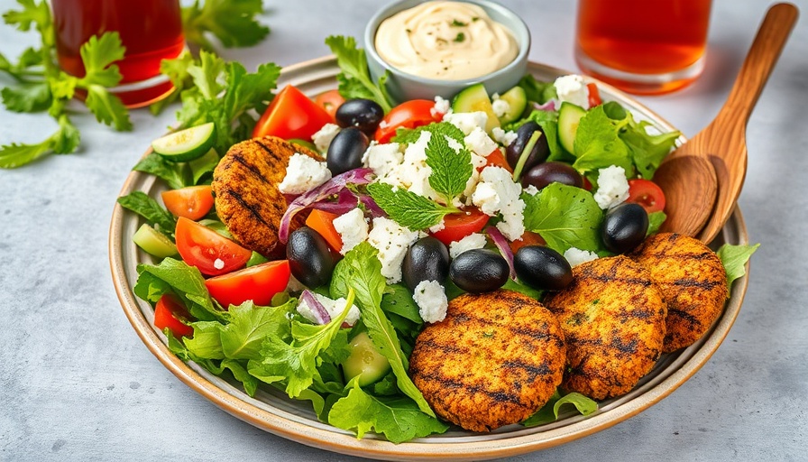 Grilled falafel salad with hummus, greens, and mint garnish.