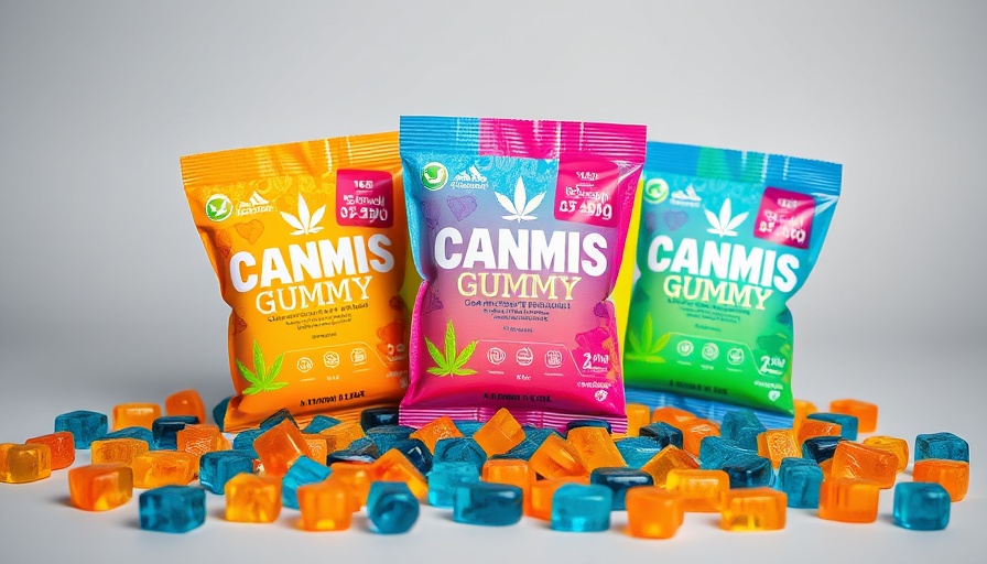 Cannabis edibles packaging and gummies laid out appealingly