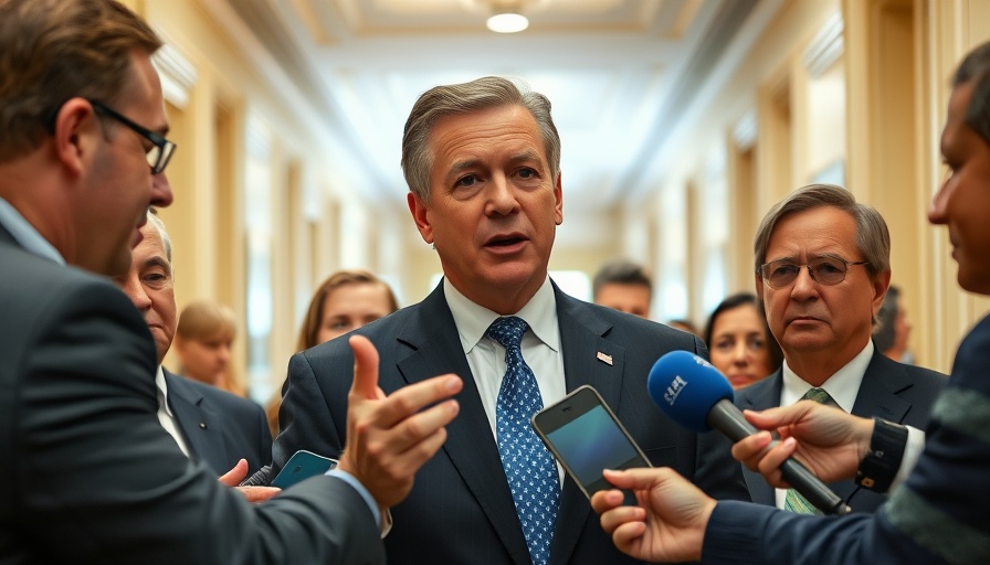 Politician discusses Trump's tax cuts bill with reporters in hallway.