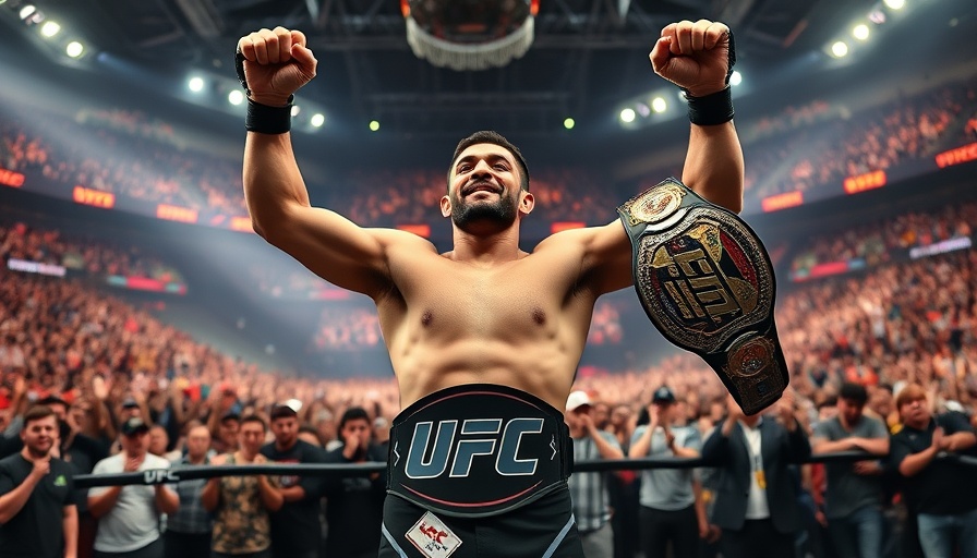 Victorious UFC fighter celebrating with championship belts in arena.