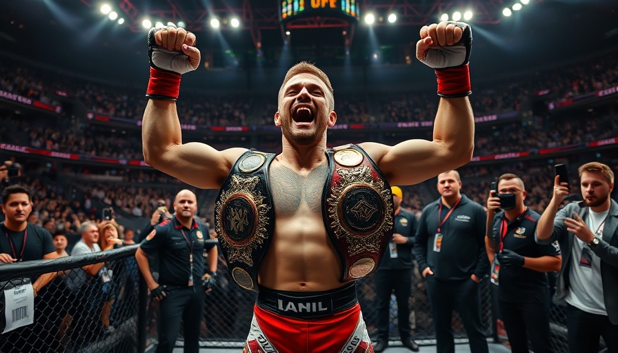 UFC fighter celebrating victory with belts in crowded arena.