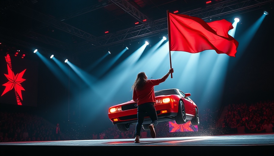 Concert scene with a floating red car and flag, dynamic lighting.