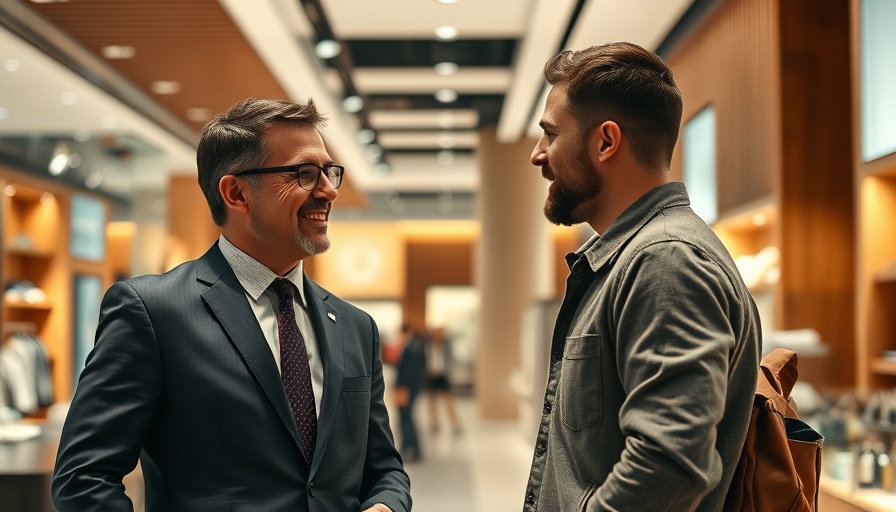 Conversing men in retail store reflecting San Antonio's retail economy.
