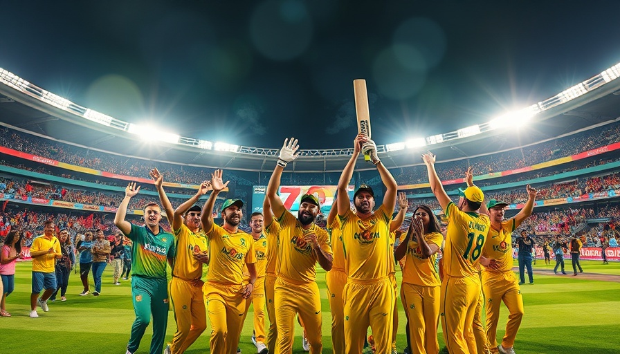 Aussie T20 World Record celebration at a vibrant cricket stadium.