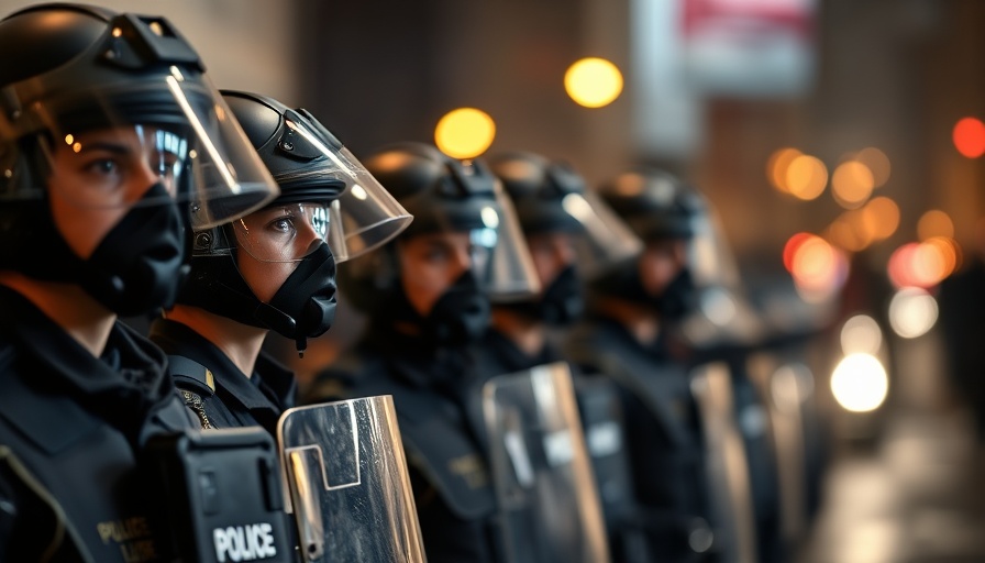 Police officers standing in line with helmets at night, police budgets rise and murders drop.