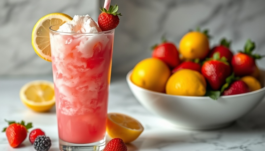 Berry Lemonade Workout Slushie with lemons and strawberries on marble.