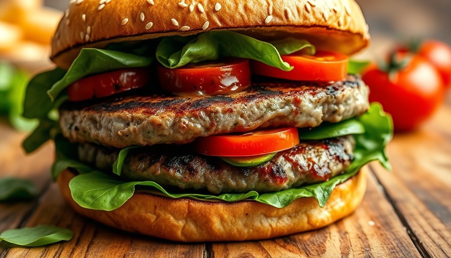 Gourmet BBQ fusion burger with spinach and tomatoes on sesame bun.