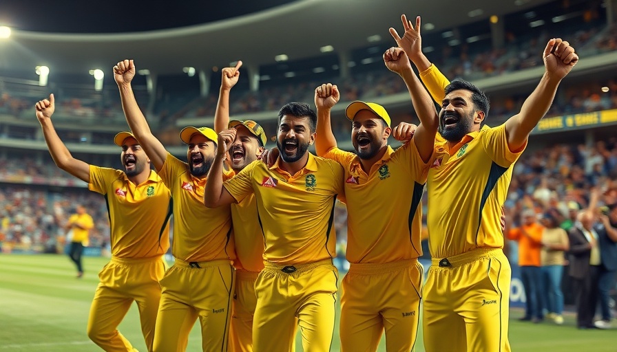Texas Super Kings celebrating advancement in a cricket stadium.