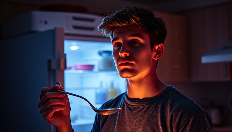 Dreamy man in kitchen at night holding spoon, Dairy Nightmares and Sleep Quality.