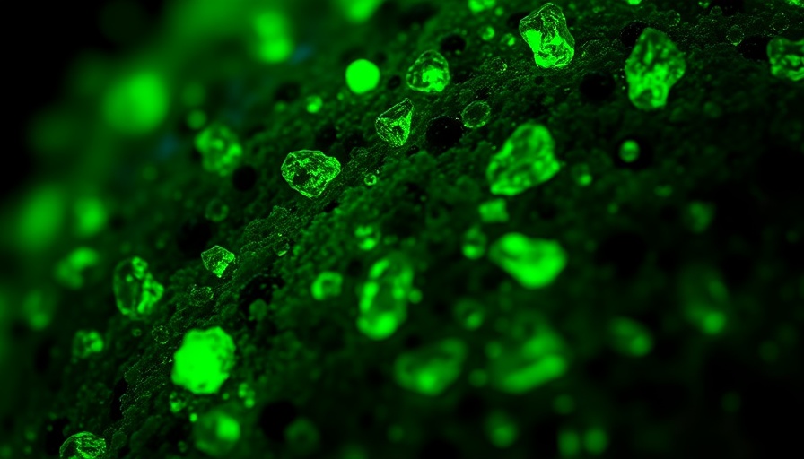 Microscopic view of anti-inflammatory drug coating with green highlights.