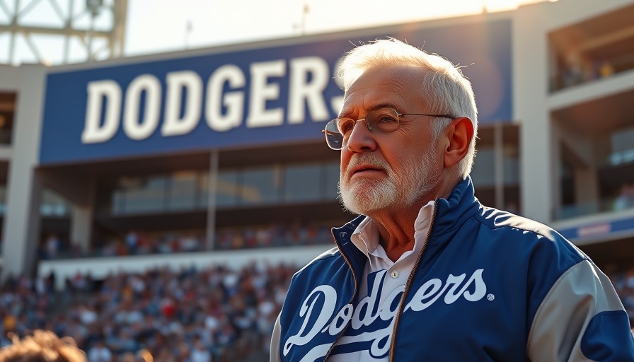 Dodgers stadium sign and man in jacket amid civil rights complaint.