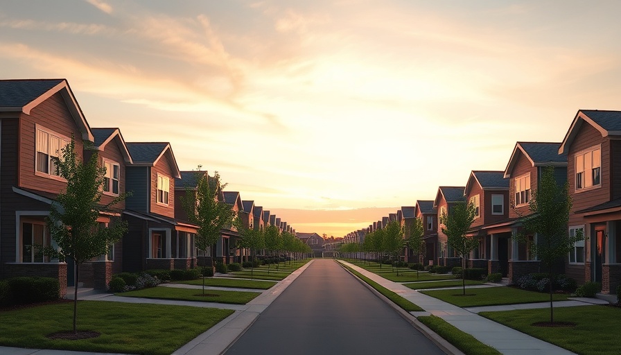Modern build-to-rent townhouses in Katy at sunset.