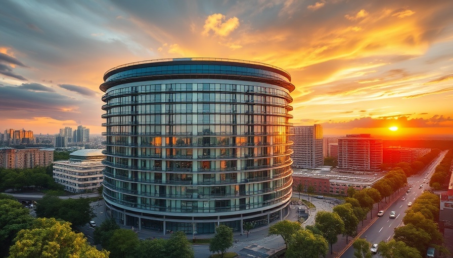 Circular high-rise building near Galleria at sunset.