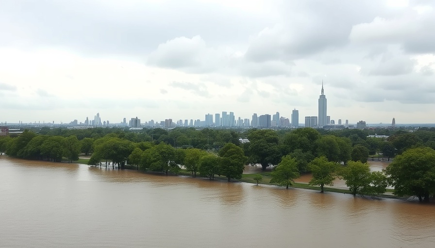 Flooded area with city skyline in background, Harris County flood bond shortfall.